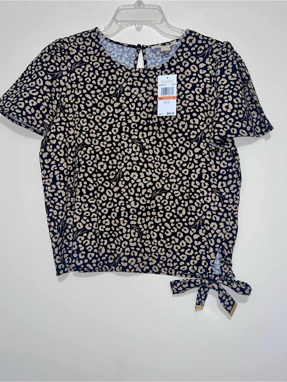 New Michael Kors Leopard Print Short Sleeve Shirt With Side Tie Women's Size S